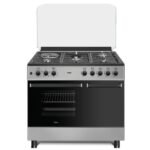 MIKA Standing Cooker, 90cm x 60cm, 4 Gas Pool Jet Burners (1 Wok) + 1 RAPID Hot Plate, Auto Ignition, 4 Function Electric Oven, GAS CYLINDER CABINET, Rotisserie, Mirror Black Hob, Silver Body MST9041WEG4SB
