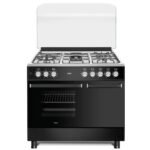 MIKA Standing Cooker, 90cm x 60cm, 4 Gas Pool Jet Burners (1 Wok) + 1 RAPID Hot Plate, FLAME FAILURE SAFETY, Auto Ignition, 6 Function Electric Oven (Convection Fan), GAS CYLINDER CABINET, Rotisserie, Stainless Steel Hob, Matt Black Body MST9041WEG6BX